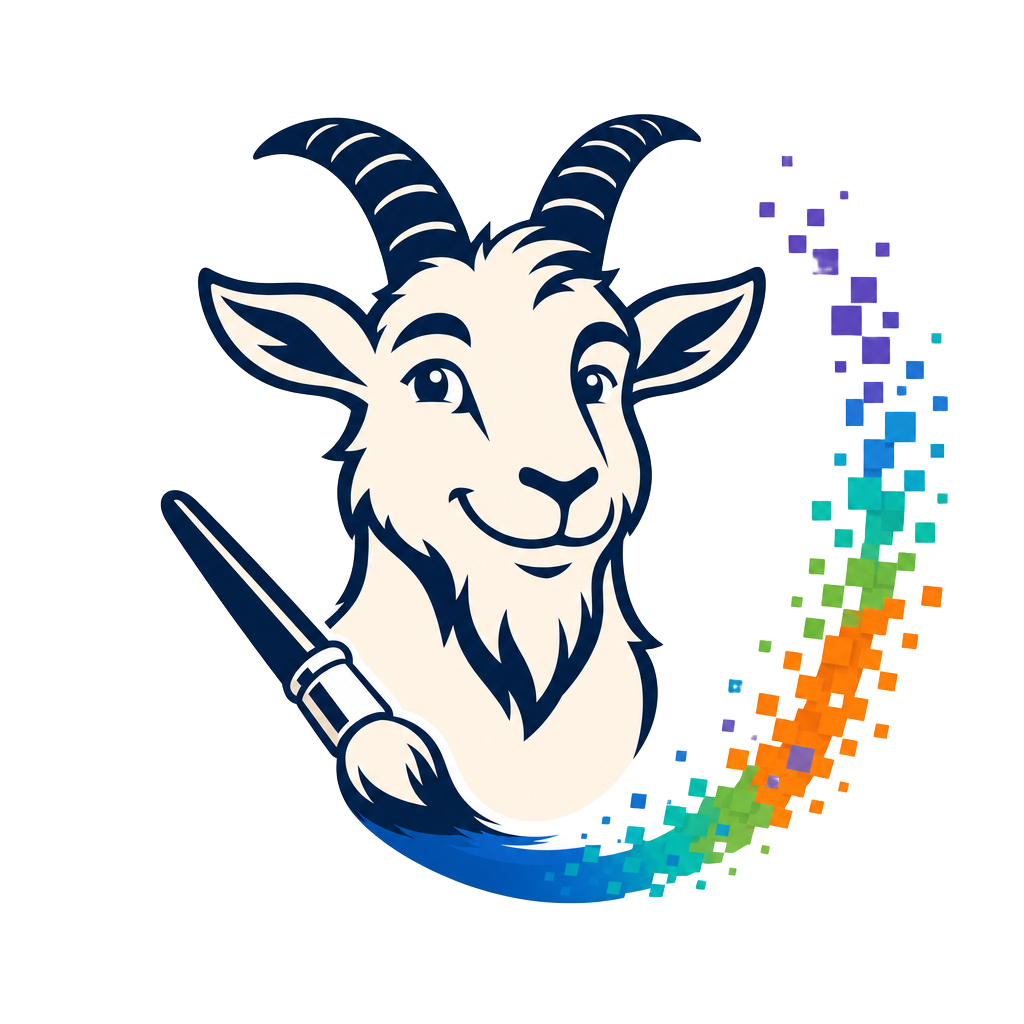 Fresh Goat Digital mascot: a goat painting a circular brush stroke that dissolves into colorful pixels
